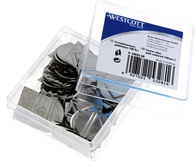 Clips d'angle Westcott - aluminium argenté - boîte en plastique 100 pièces - ac-e10031