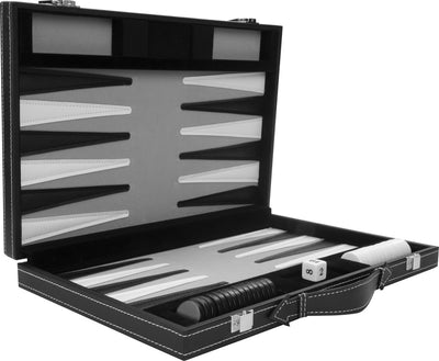 Backgammon Longfield 15 pouces - plateau cousu gris, noir et blanc - étui en cuir artificiel avec poignée - coeur d'ange