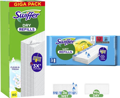 Lingettes sèches nettoyantes pour sols Swiffer 90 pièces + lingettes humides 3 pièces