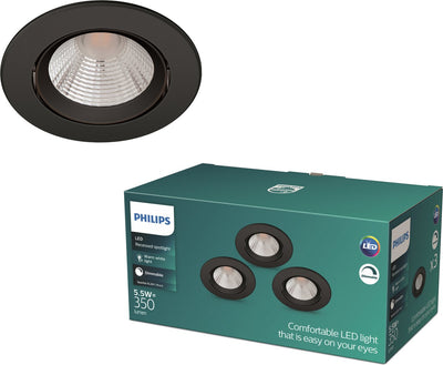 Philips LED Spot encastrable Philips Sparkle - dimmable avec variateur - 5,5w - lumière blanc chaud - noir - multipack 3 pièces