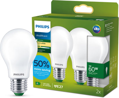 Philips LED Lampe LED ultra efficace Philips mate - 60 W - E27 - lumière blanc chaud - lot de 2 - économisez sur les coûts énergétiques