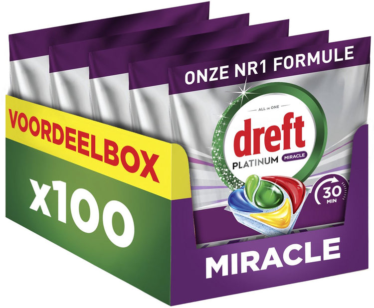 Dreft Platinum Miracle All-in-One - Tablettes miracle pour lave-vaisselle 30 minutes - Citron - 100 pièces
