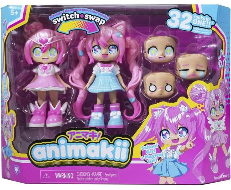 Bandai - magicien et écolière animakii - ensemble de poupée personnalisable - 1 poupée, 4 visages, 2 coiffures, 2 tenues, 2 paires de chaussures - jouet créatif 5+ ans - hea26352