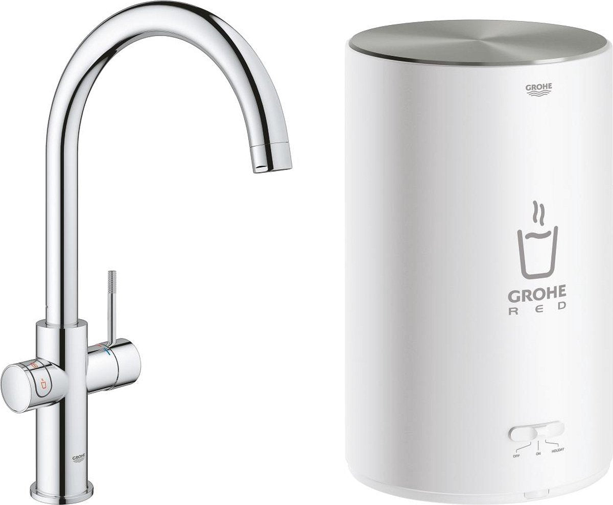 Robinet d'eau bouillante Grohe rouge compact 3 en 1 - bec en C - chaudière 4l - chrome