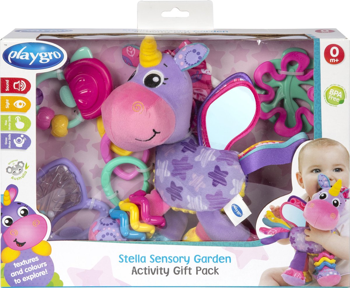 Coffret cadeau Playgro Stella licorne - cadeau maternité - coffret cadeau - jouets suspendus - 3 brosses à dents - 3 anneaux liés