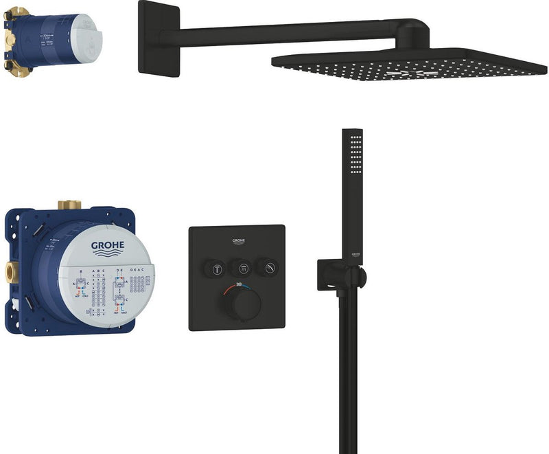Douche à encastrer Grohe Precision Smartcontrol - avec mitigeur thermostatique - douche de tête vitalio smartactive 310 cube (2 types de jets) douchette à main vitalio joy cube stick (1 type de jet) - design rond - noir mat