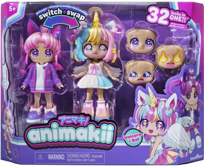 Bandai - licorne et chauve-souris animakii - ensemble de poupée personnalisable - 1 poupée, 4 visages, 2 coiffures, 2 tenues, 2 paires de chaussures - jouet créatif 5 ans + - hea26348