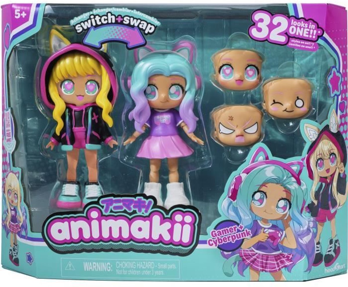 Bandai - animakii cyberpunk gamer - ensemble de poupée personnalisable - 1 poupée, 4 visages, 2 coiffures, 2 tenues, 2 paires de chaussures - jouet créatif 5+ ans - hea26350