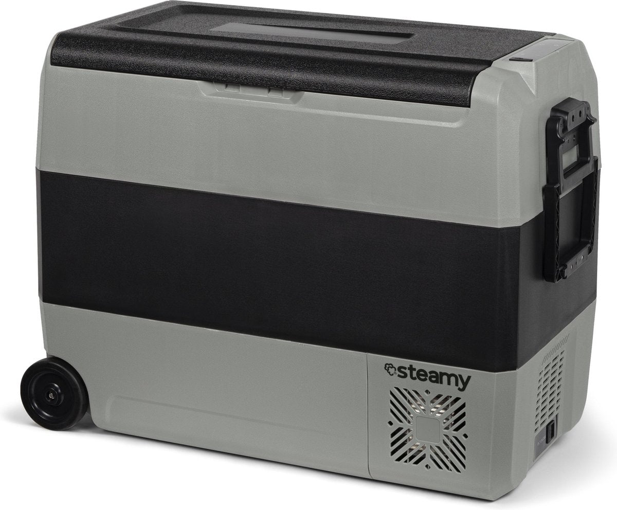 Glacière électrique à rouleau Steamy-e double zone à compresseur sur roulettes - 56 litres - 12v et 230v - pour voiture et camping - grise