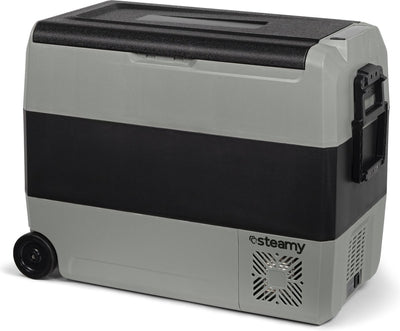 Glacière électrique à rouleau Steamy-e double zone à compresseur sur roulettes - 56 litres - 12v et 230v - pour voiture et camping - grise