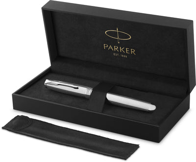 Stylo plume Parker Sonnet Ciselé édition spéciale, capuchon, corps et détails avec finition palladiée, moyen, plume en or massif 18 carats, encre noire et convertisseur