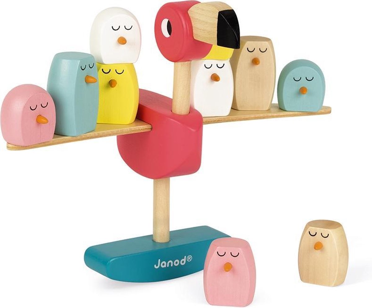 Janod zigolos - jeu d'équilibre en bois flamant rose - jeu d'équilibre et d'adresse - le premier qui renverse le flamant et ses petits perd ! - convient à partir de 3 ans