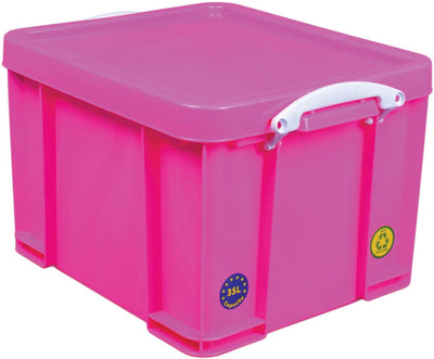 Boîte de rangement vraiment utile 35 litres | rose fluo avec poignées blanches
