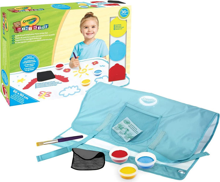 Crayola mini kids - ensemble de tapis de peinture anti-éclaboussures, surface maxi réutilisable pour peindre avec de la peinture lavable, 36 mois