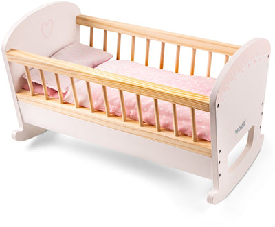 Lit de poupée en bois Woet ® - avec couette et oreiller - berceau rose pour poupée - jouet de meubles de poupée - accessoire de poupée de jeu de rôle - à partir de 3 ans