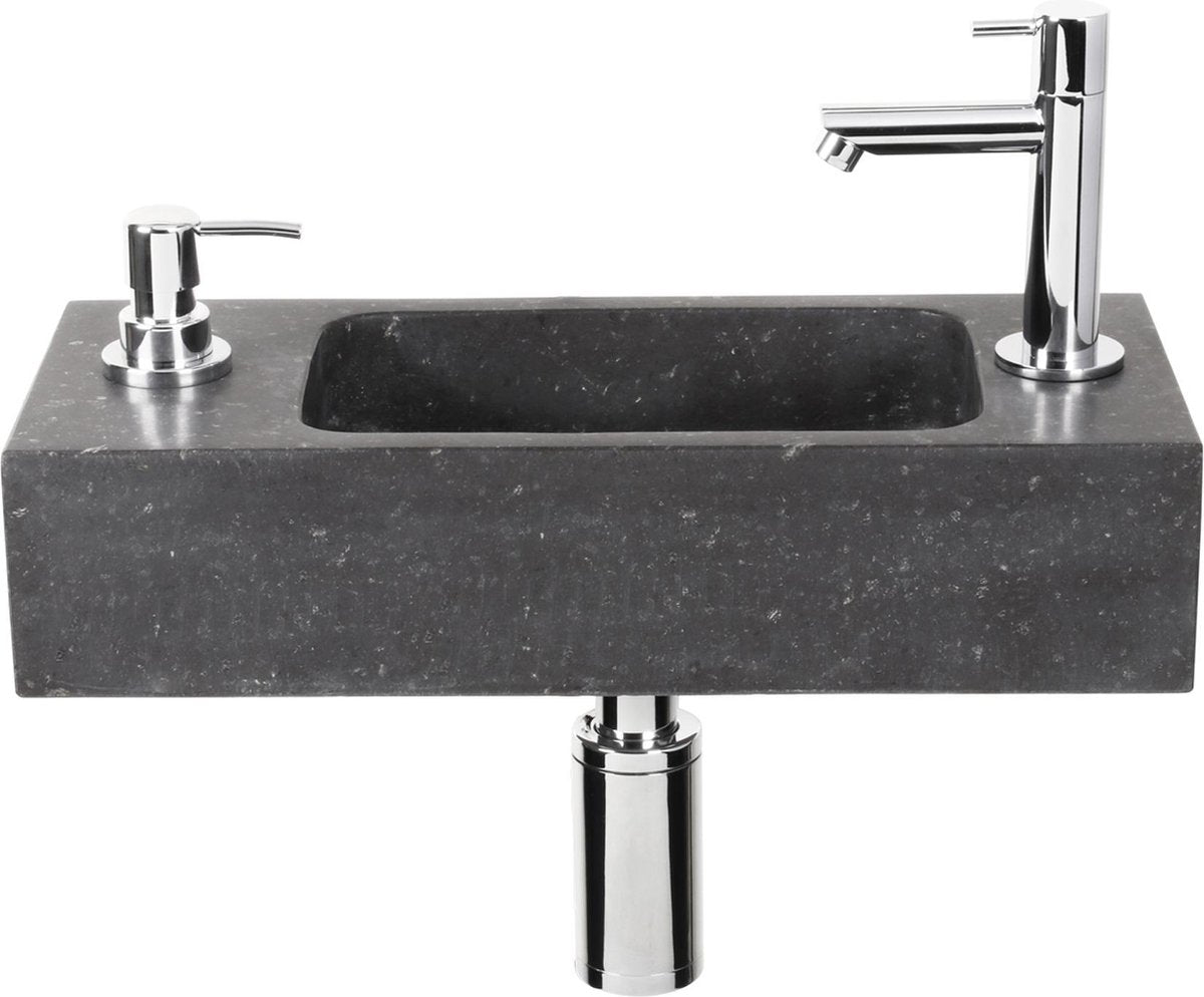 Ensemble fontaine à sapon Differnz - 42x18,5x9cm - rectangle - 1 trou de robinetterie - avec fontaine à siphon et bouchon de vidange - pierre naturelle noire