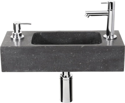 Ensemble fontaine à sapon Differnz - 42x18,5x9cm - rectangle - 1 trou de robinetterie - avec fontaine à siphon et bouchon de vidange - pierre naturelle noire