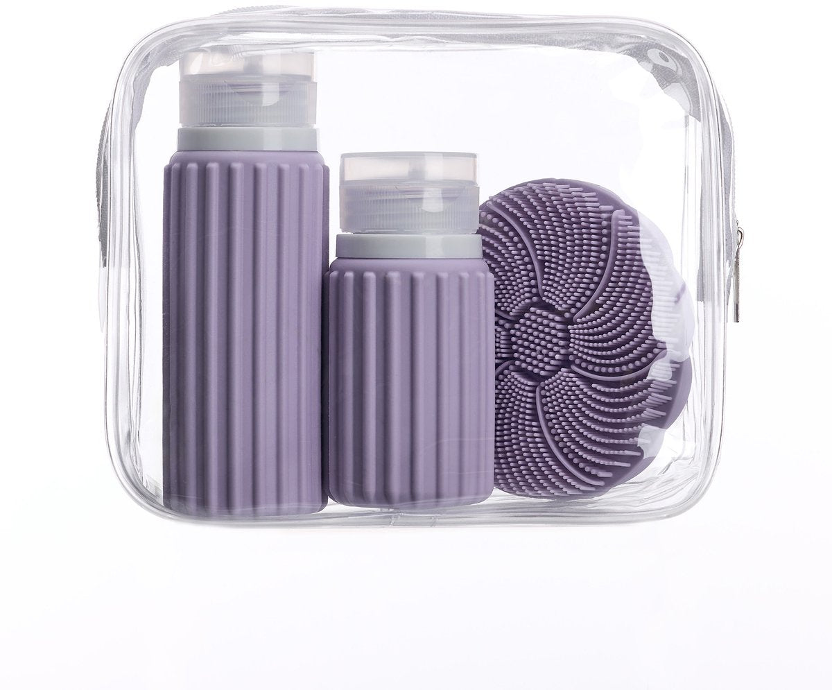 Sac de voyage Muitomas + brosse visage + 2 flacons – compact - sac transparent imperméable - flacons de voyage en silicone - violet