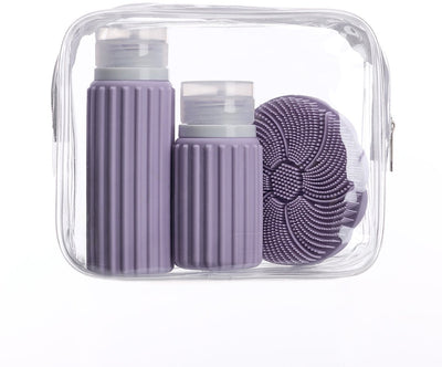 Sac de voyage Muitomas + brosse visage + 2 flacons – compact - sac transparent imperméable - flacons de voyage en silicone - violet