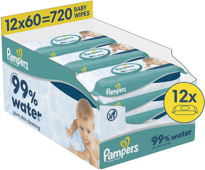 Lingettes bébé Pampers 99% d'eau - 12 paquets de 60 lingettes = 720 lingettes bébé