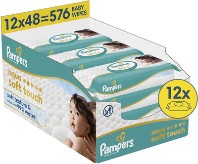 Lingettes bébé Pampers aqua soft touch - 12 paquets de 48 lingettes = 576 lingettes
