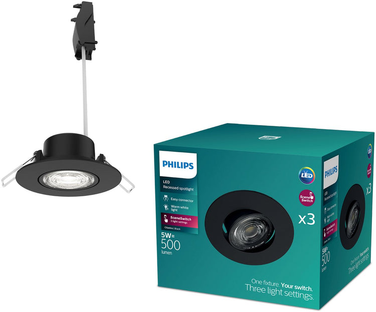 Philips LED Spot encastrable Philips Cilantro - technologie d'éclairage à interrupteur de scène - 5w - lumière blanc chaud : 2700k - noir - pack de 3