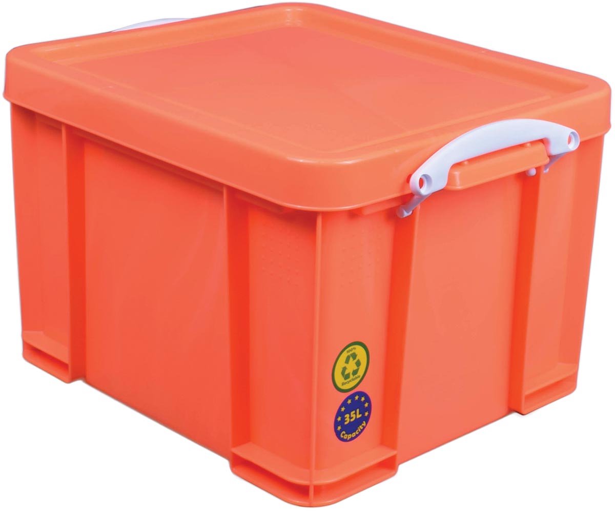 Boîte de rangement vraiment utile 35 litres | orange fluo avec poignées blanches