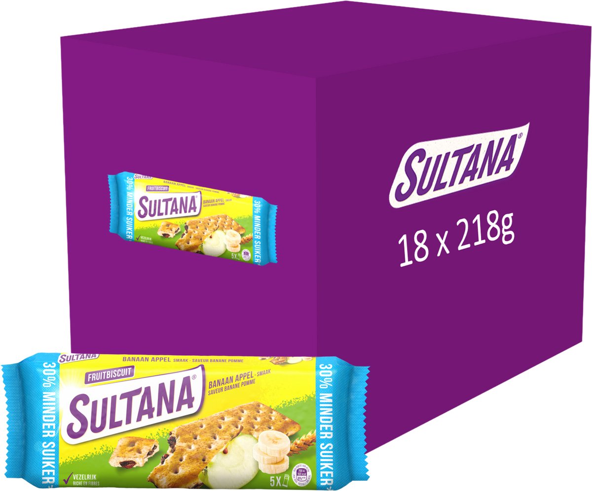 Sultana - snack - biscuit aux fruits banane pomme - 30% de sucre en moins - 18 x 218 grammes