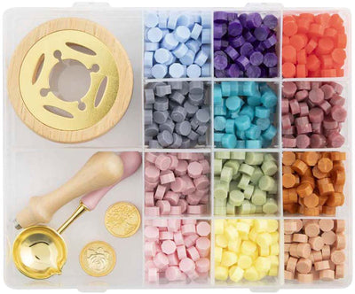 Kit de sceaux de cire pour groupe d'artisanat créatif - incl. 12 couleurs, 2 tampons cuillère