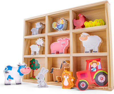 New Classic Toys ® jouets en bois pour animaux de ferme - figurine de jeu dans une boîte de rangement en bois - ensemble de jeu