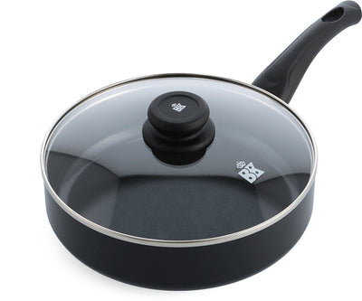 Poêle BK brillant 24 cm avec couvercle - 2,65 l - revêtement antiadhésif sans PFA - poêle induction - poêle céramique - passe au four jusqu'à 160°c - poignée froide - avec couvercle en verre - noir