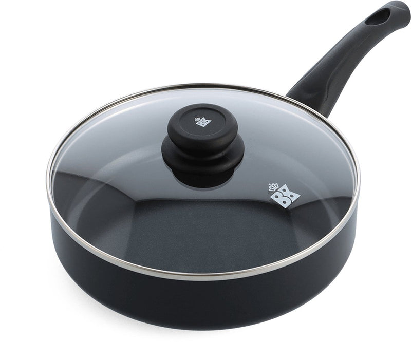 Poêle BK brillant 24 cm avec couvercle - 2,65 l - revêtement antiadhésif sans PFA - poêle induction - poêle céramique - passe au four jusqu'à 160°c - poignée froide - avec couvercle en verre - noir