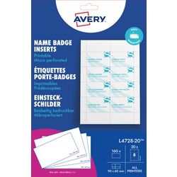 Carte d'insertion de badge Avery 60x - 90mm boîte blanche 20 feuilles