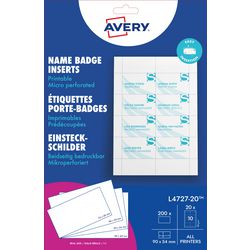 Carte d'insertion de badge Avery 54x90mm 190gsm 20 feuilles 10 étiquettes par feuille blanc