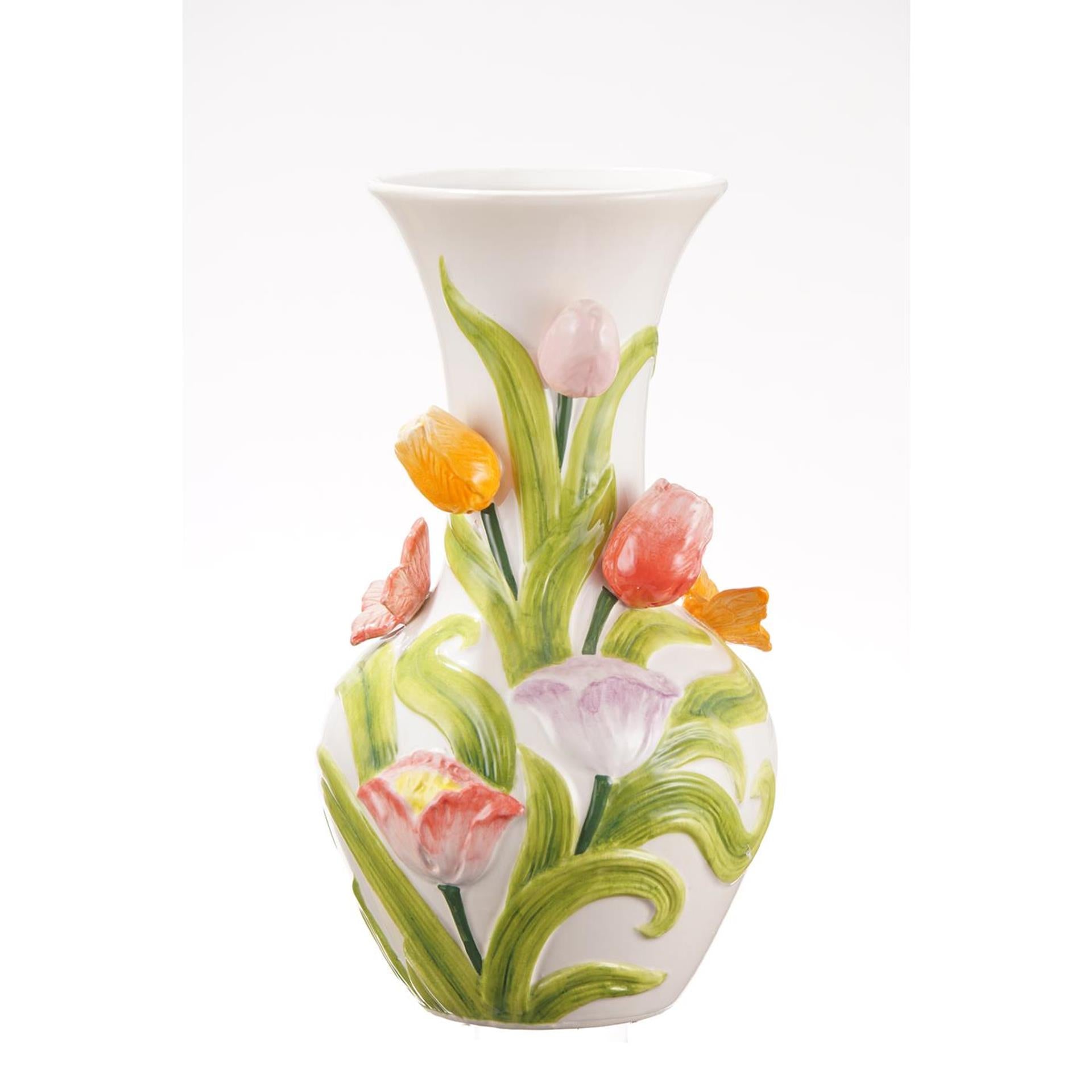 Vase coloré ambiance manoir avec tulipes 19x33,5cm