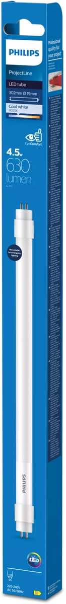 Philips led philips projectline led tube fluorescent - t5 mini - 4,5w - g5 - lumière blanc froid - 300 mm