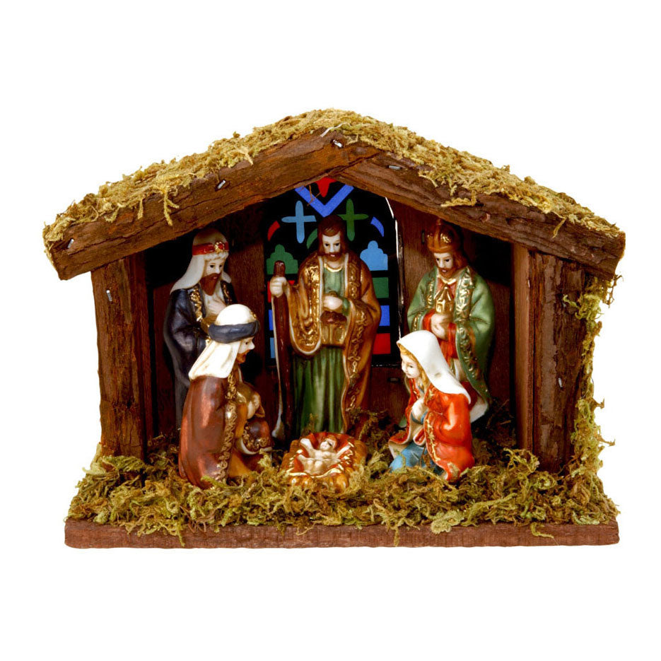 Scène de la nativité avec 6 figures et lumière