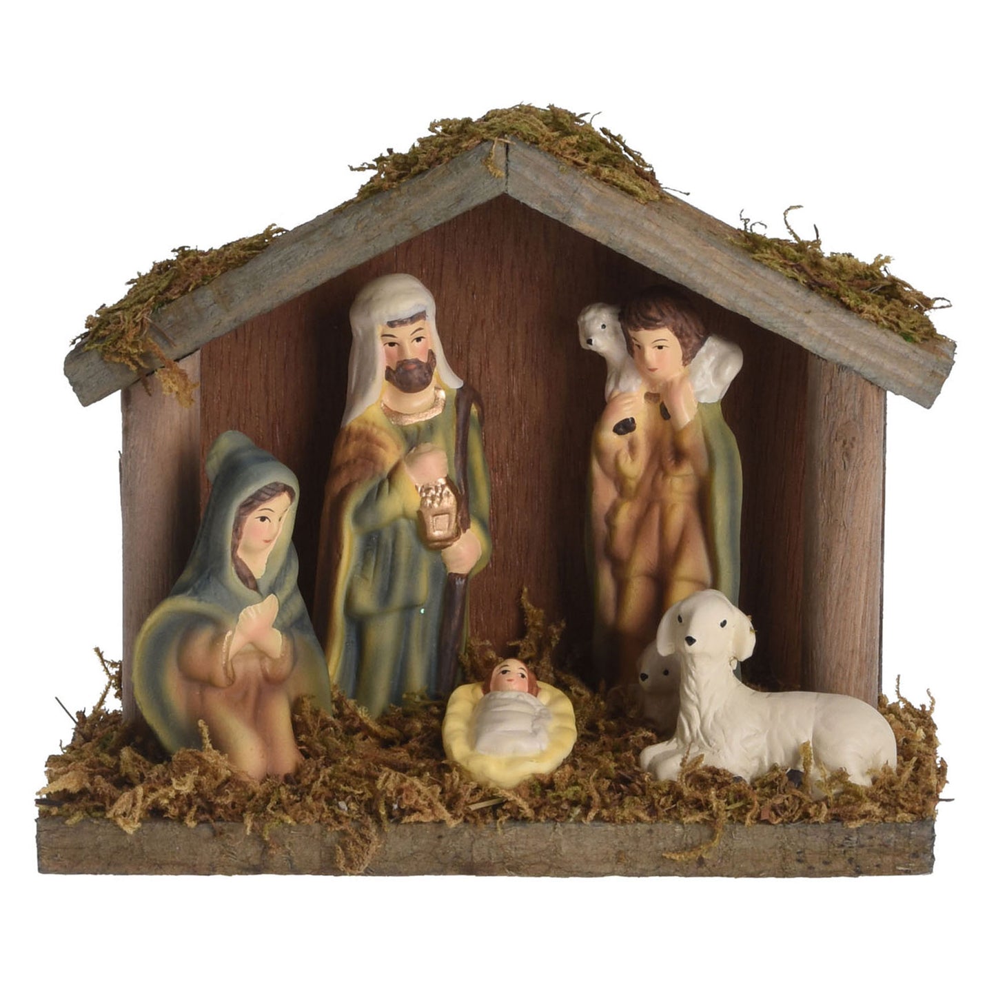Scène de nativité en bois avec 5 chiffres