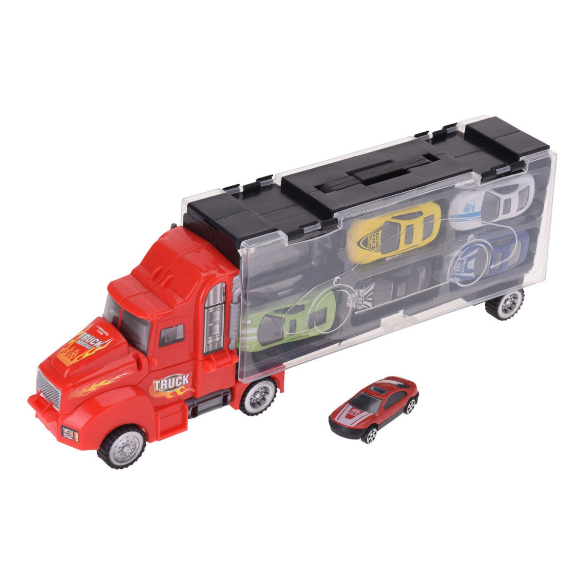 Camion avec remorque et 6 voitures moulées