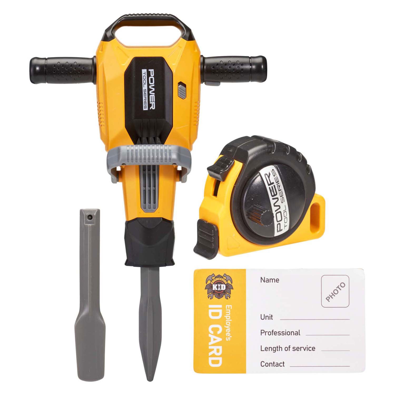 Outils, jouet, marteau-piqueur et ruban à mesurer