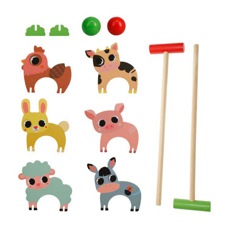 Jeu de croquet en bois avec animaux de la ferme