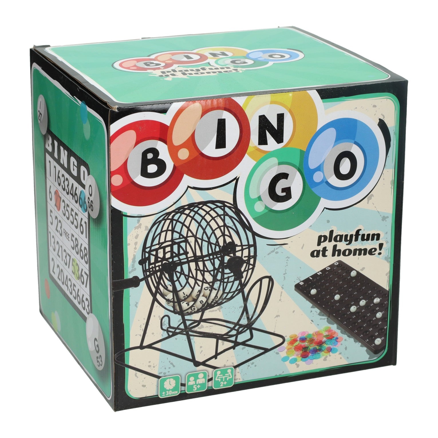 Bobine de bingo noire avec plateau de jeu, cartes de bingo et jetons