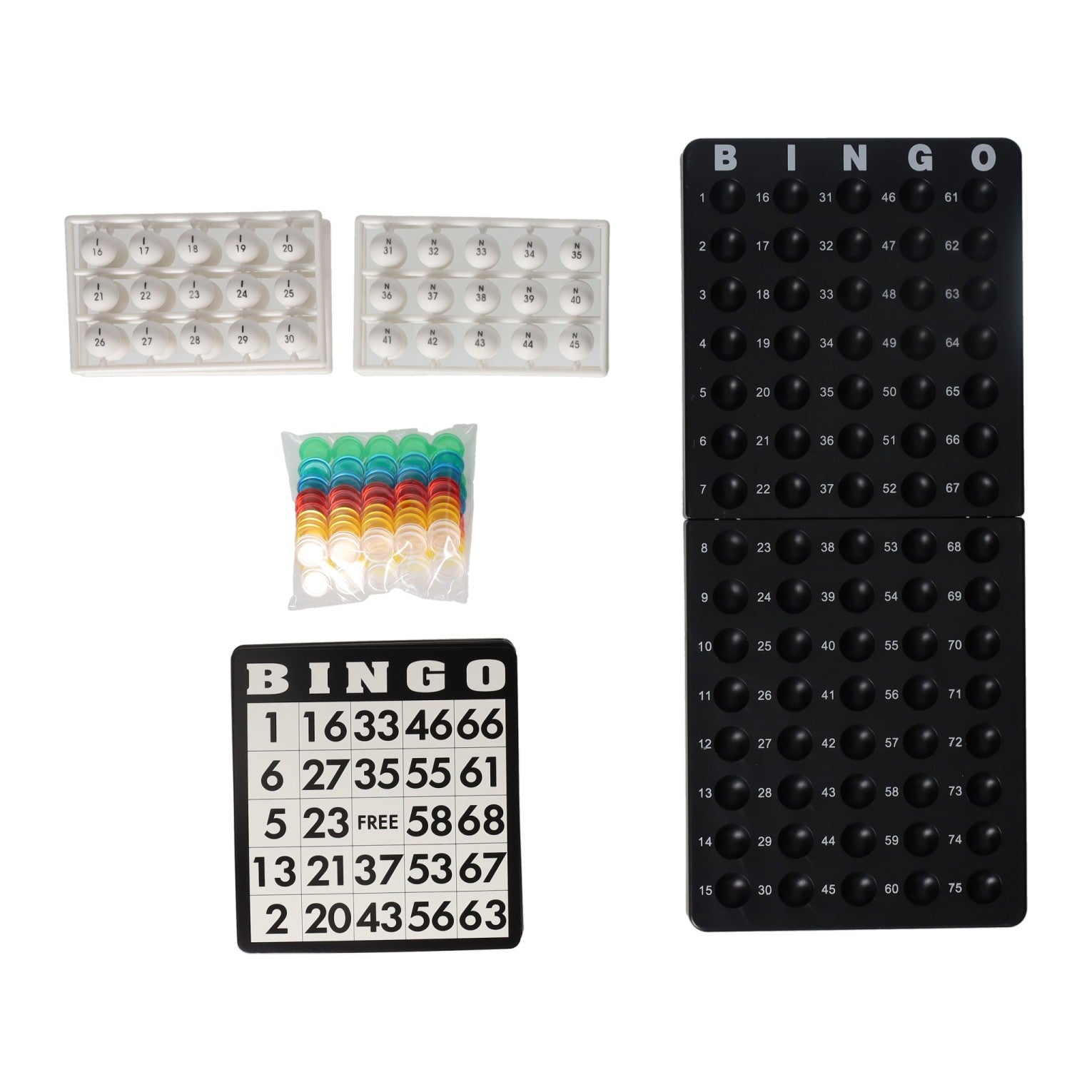 Bobine de bingo noire avec plateau de jeu, cartes de bingo et jetons