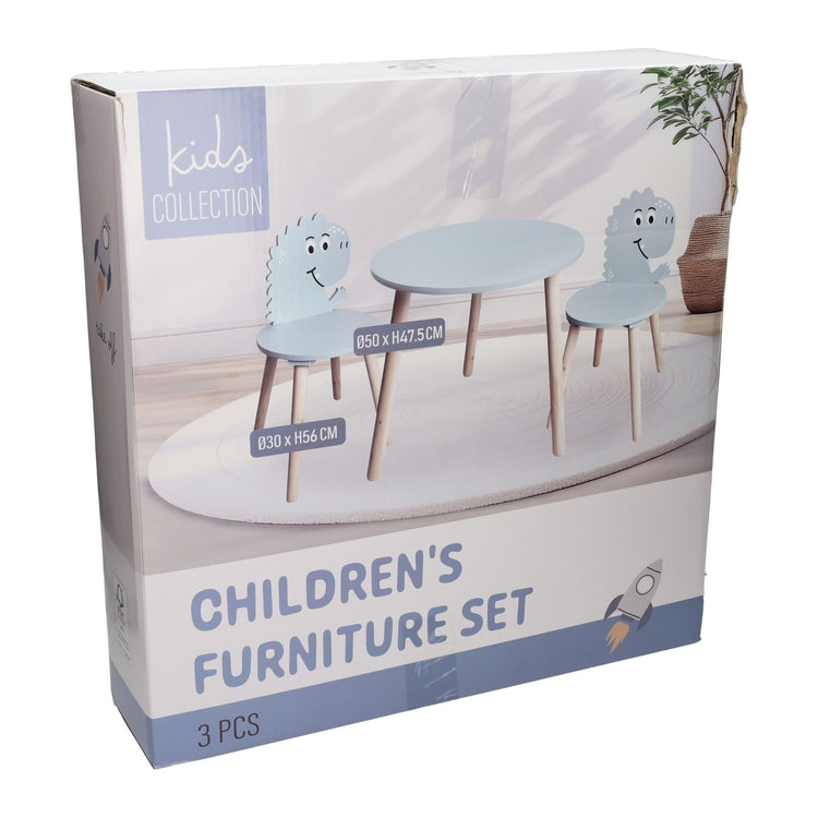 Ensemble table et 2 chaises en bois dinosaure - bleu