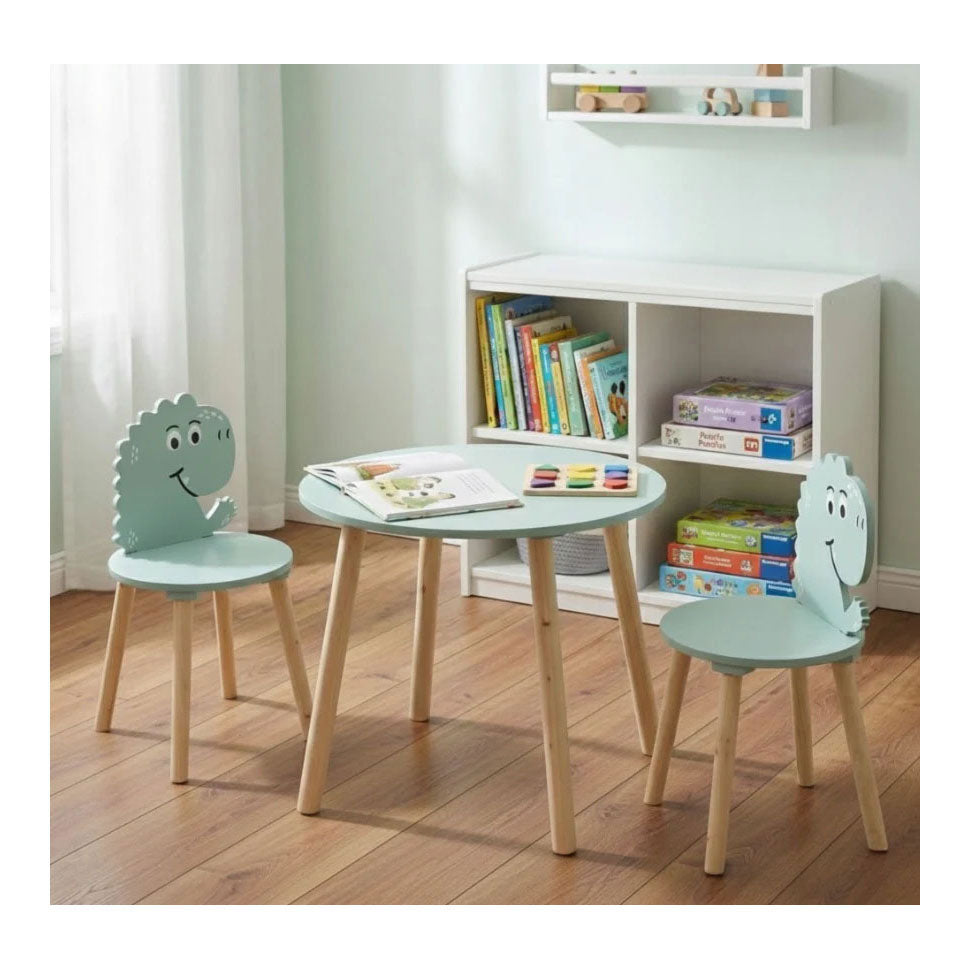 Ensemble table et 2 chaises en bois dinosaure - bleu