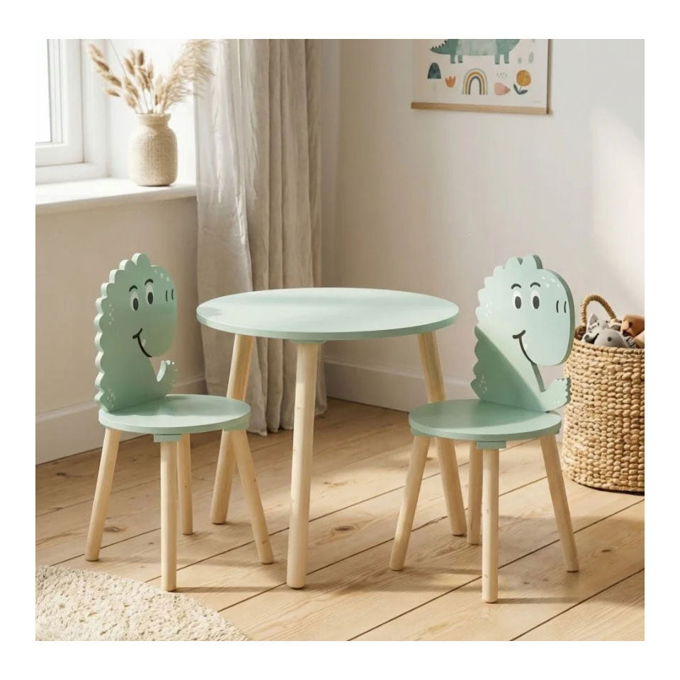 Ensemble table et 2 chaises en bois dinosaure - bleu