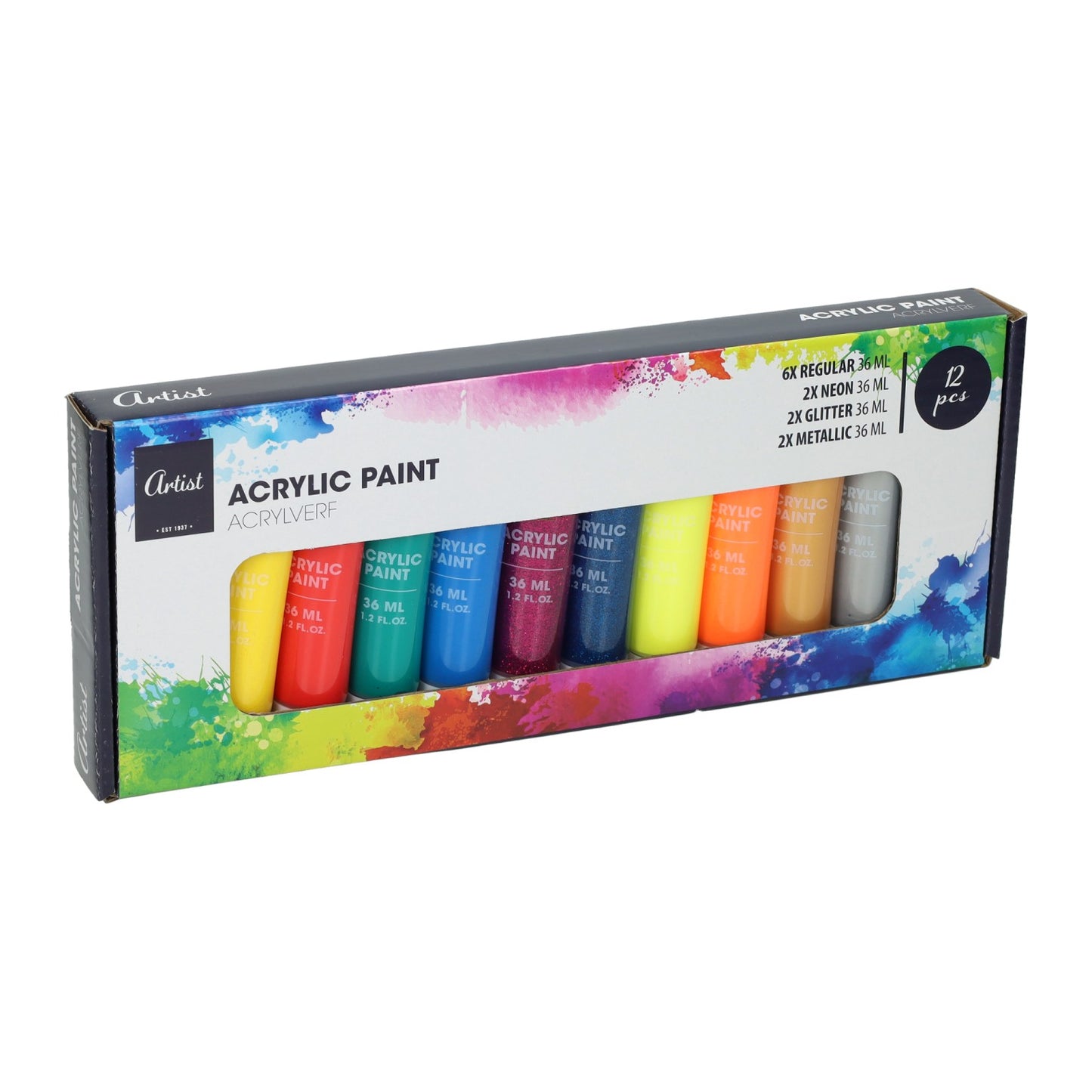 Set de peinture acrylique 12 couleurs fluo, pailletées, métallisées et standards - 36ml