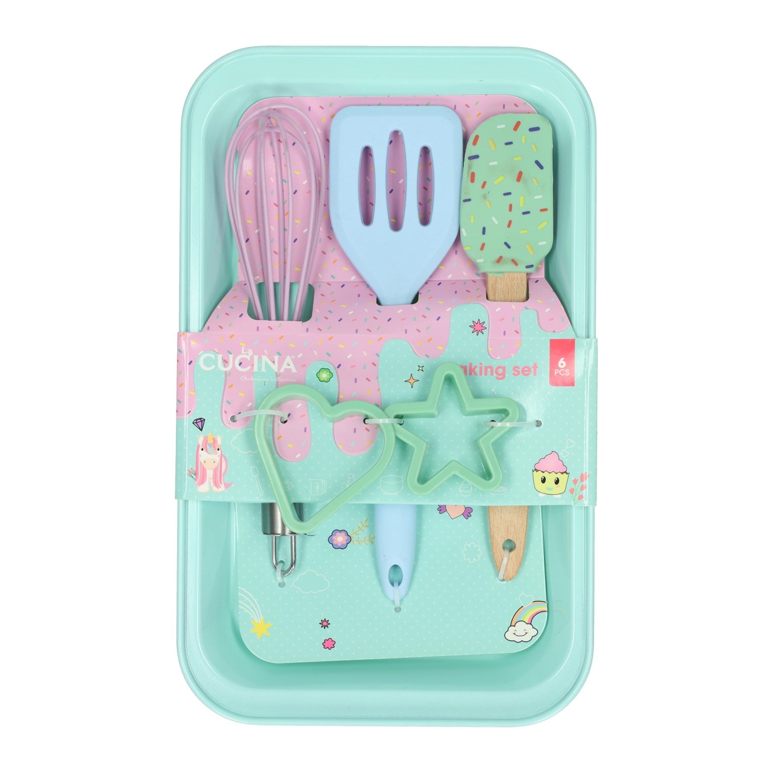 Set de pâtisserie comprenant un moule à pâtisserie, une spatule, un fouet, un grattoir et 2 emporte-pièces