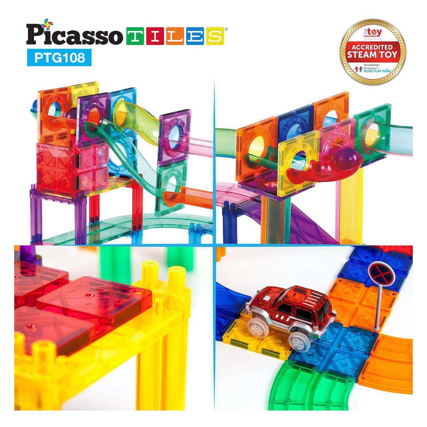 Piste de billes et piste de course Selecta picassotiles - tuiles de construction magnétiques - 108 pcs.