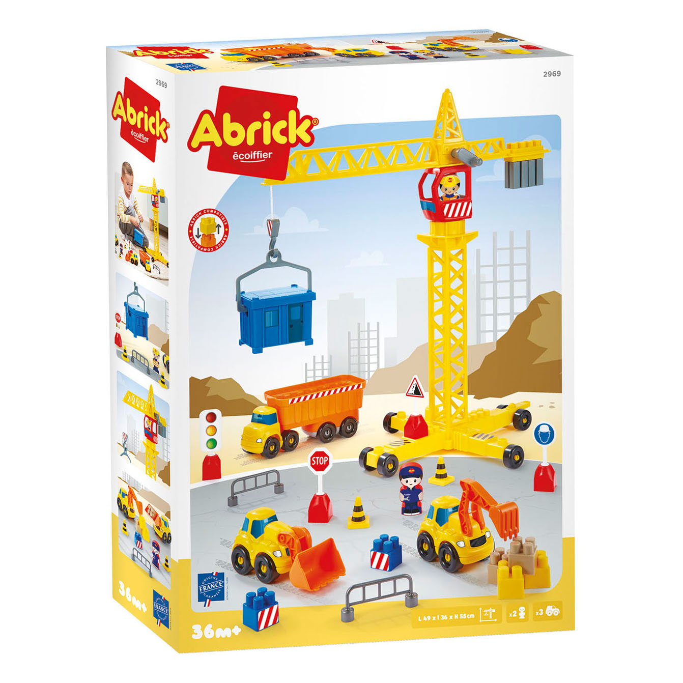 Ecoiffier abrick blocs de construction chantier avec grue avec 3 véhicules